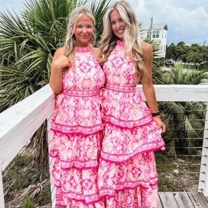 Pink Tiered Halter Maxi Dress
